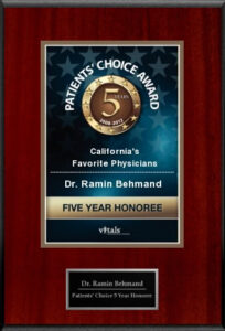 Award certificate for Dr. Ramin Behmand recognizing 5-year excellence in healthcare services.
